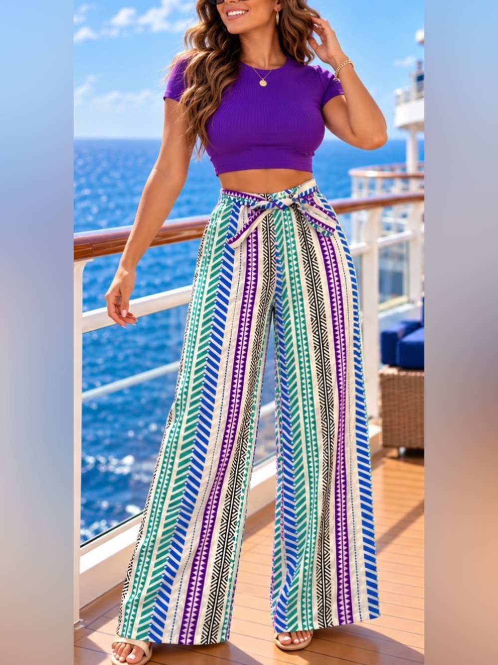 High-Waist Wide Leg Striped Palazzo Pants - Purple & Teal. L (New without Tag)